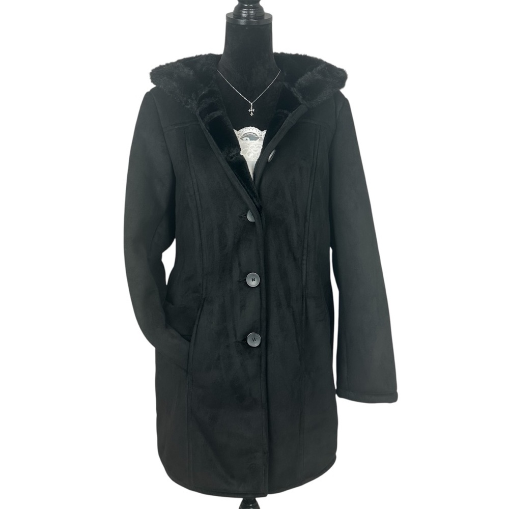 Braetan Black Faux Fur Gothic Button Up Coat for Women Size L